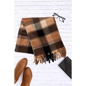 NEW LETO COLLECTION oversized flannel tassel scarf in brown and beige